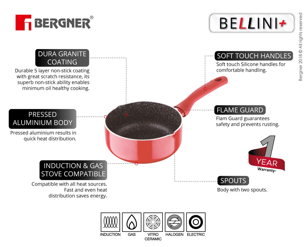 Bergner Red Colour Bellini Plus Non-Stick Sauce Pan in 18 cm size and 2.35 Ltr capacity