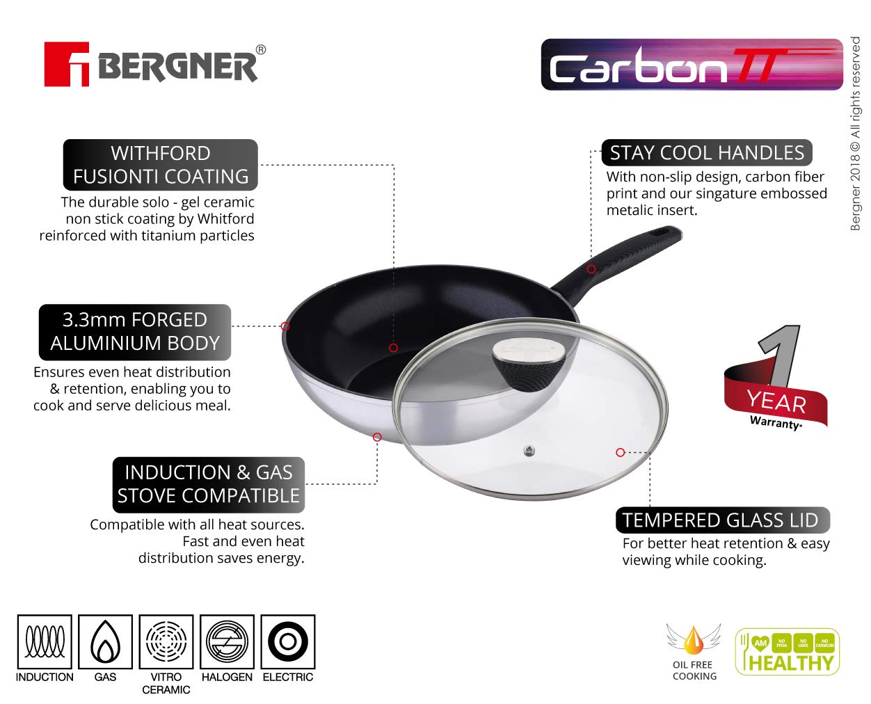 Bergner Carbon TT Wok with long handle - 3.5 Ltr