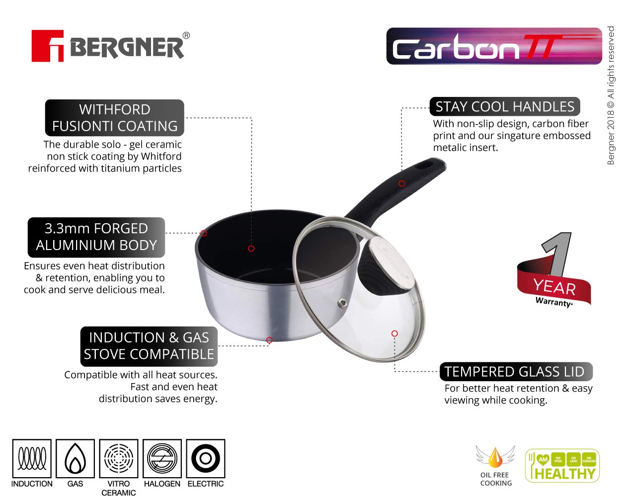 Bergner Carbon TT Saucepan with lid - 1.2 Ltr