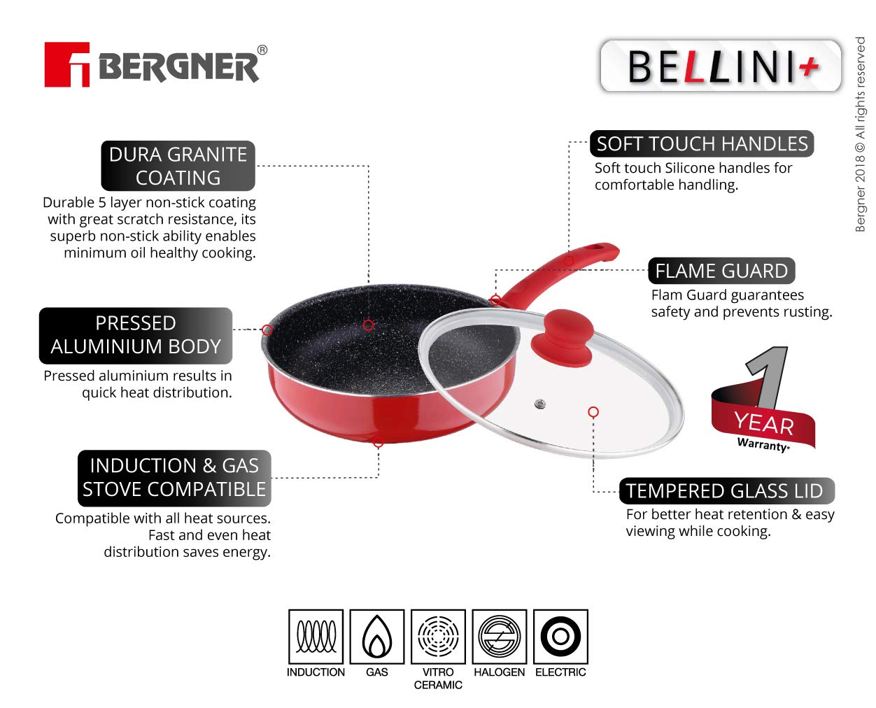 Bergner Bellini Plus Non-Stick 22cm, 1.8 Ltr, Red Deep Frypan