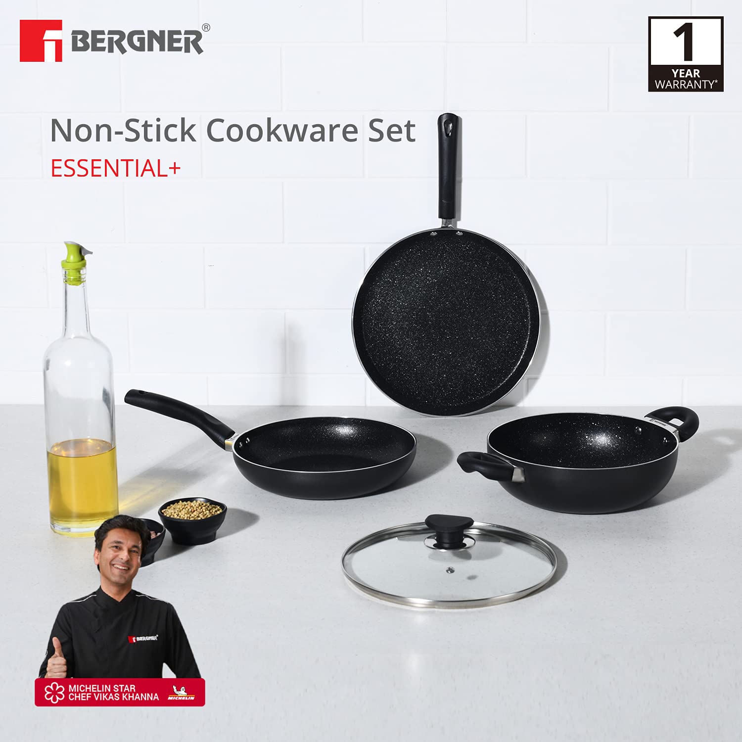 Bergner 4 Pcs Black Cookware Set Kadhai with Glass Lid, Frypan, Tawa