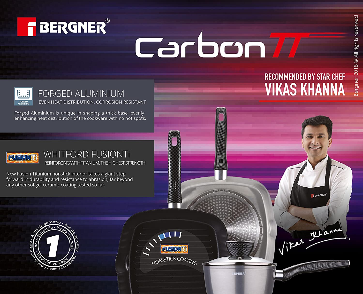 Bergner Carbon TT Wok with Glass Lid, Aluminum - 2.3 Ltr