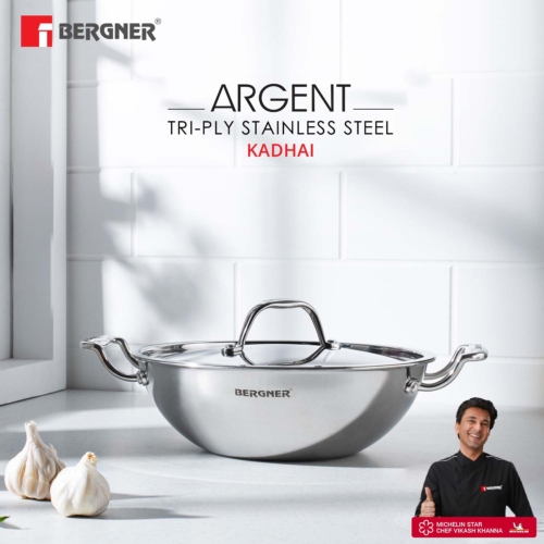 Bergner Argent Triply Stainless Steel Kadhai in 36 cm size and 8.8 Ltr capacity