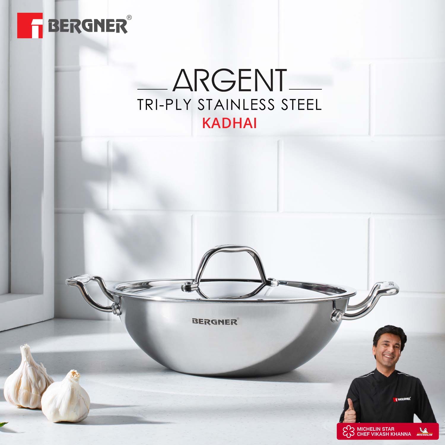 Bergner Argent Triply Kadhai with Lid in 28 cm size and 3.9 Ltr capacity