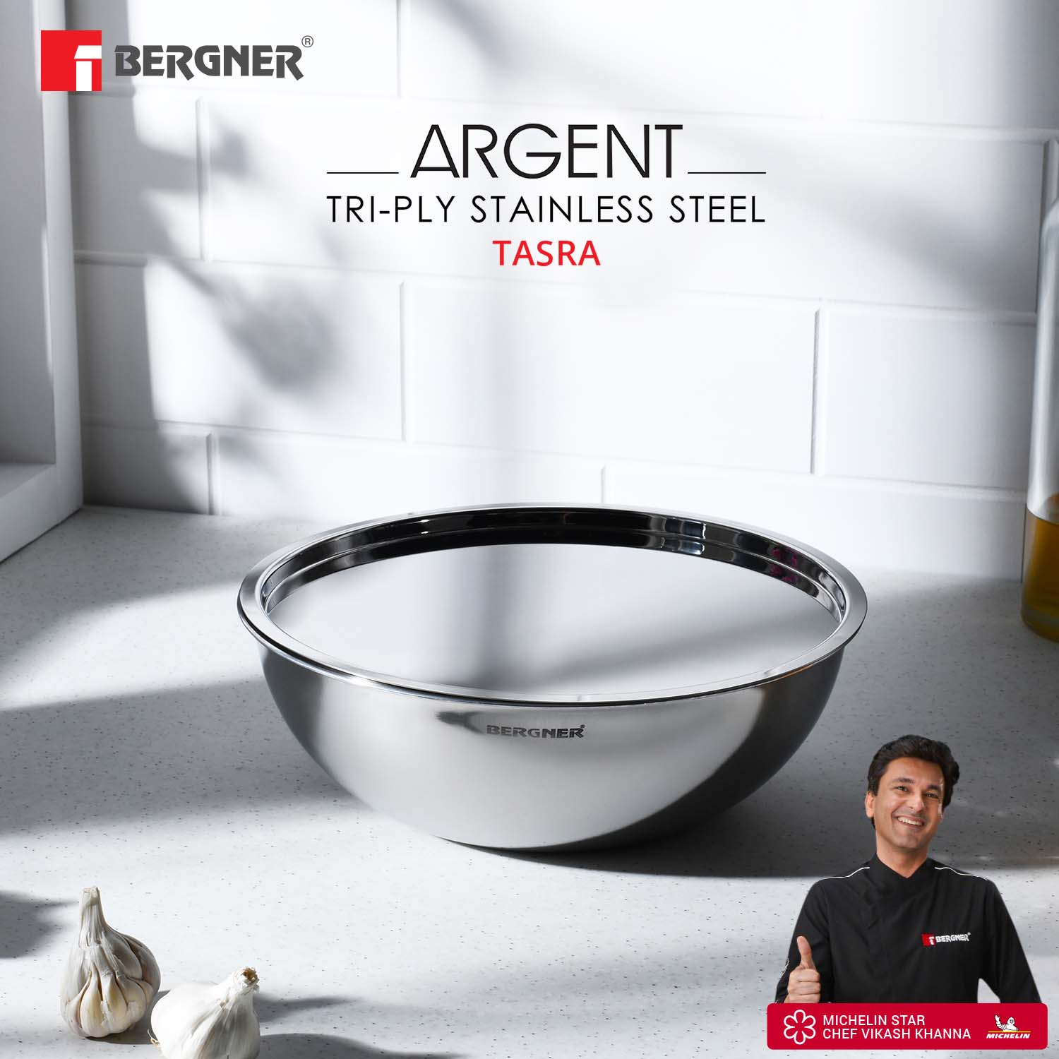 Bergner Argent Triply Tasra with 22 cm size and 2.25 Ltr capacity