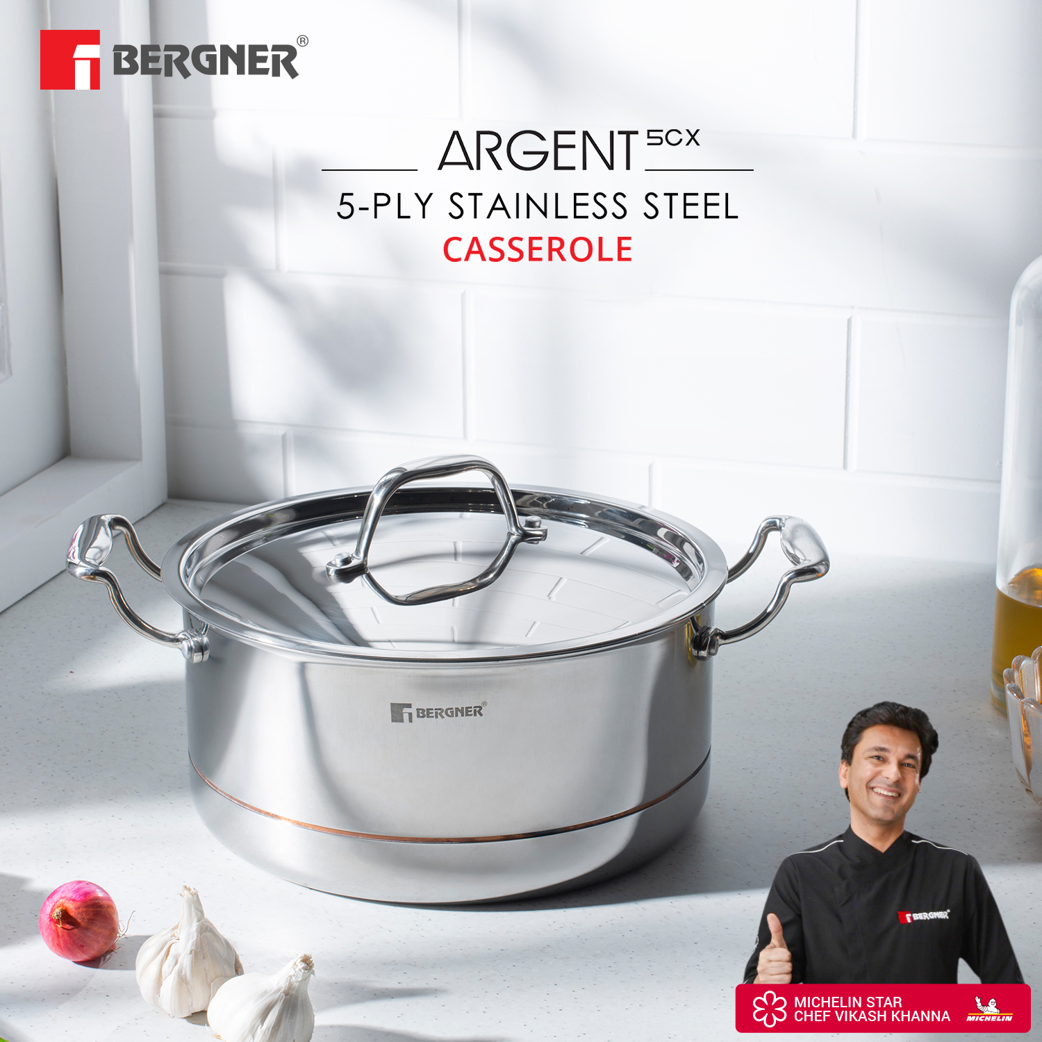 Bergner 5CX 5-Ply Stainless Steel Casserole with Lid - 24cm, 5.3 Ltr