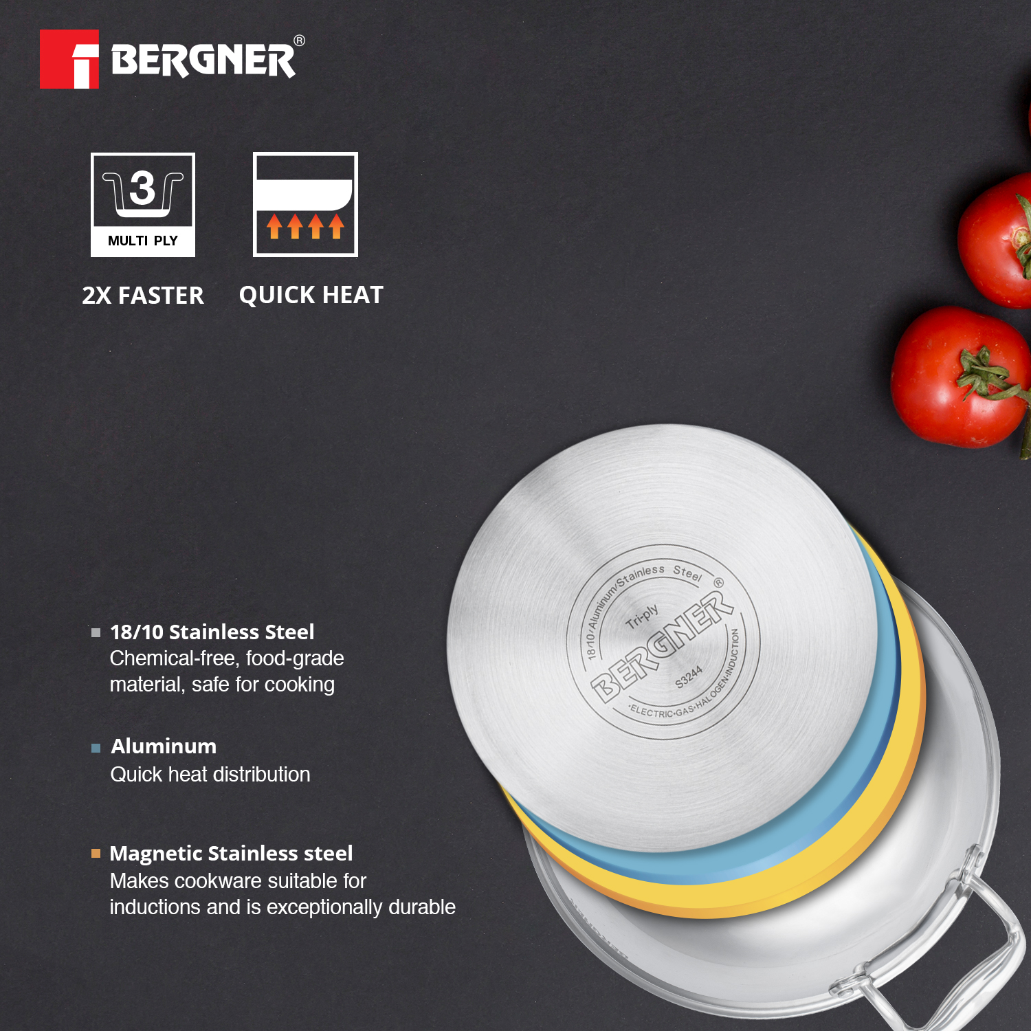 24cm Kadai with Lid and 22 cm size Frypan - Bergner Triply Stainless Steel 3Pc Cookware Set Online