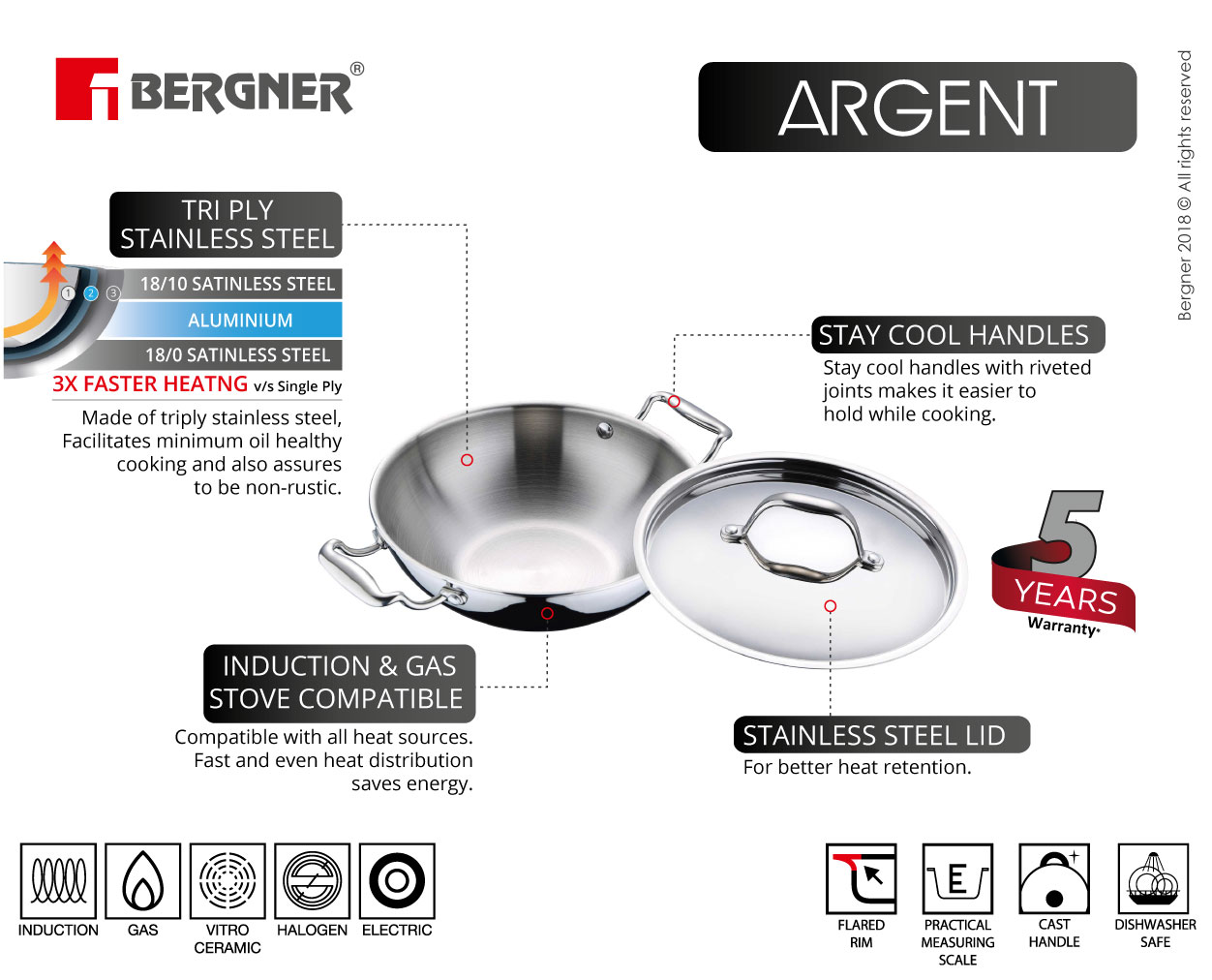 Bergner Argent Triply Kadhai with Lid in 36 cm size and 8.8 Ltr capacity