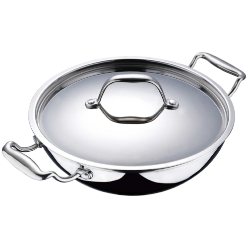 Bergner Argent Triply Kadhai with Lid, Silver, 28 cm - 3.9 Ltr