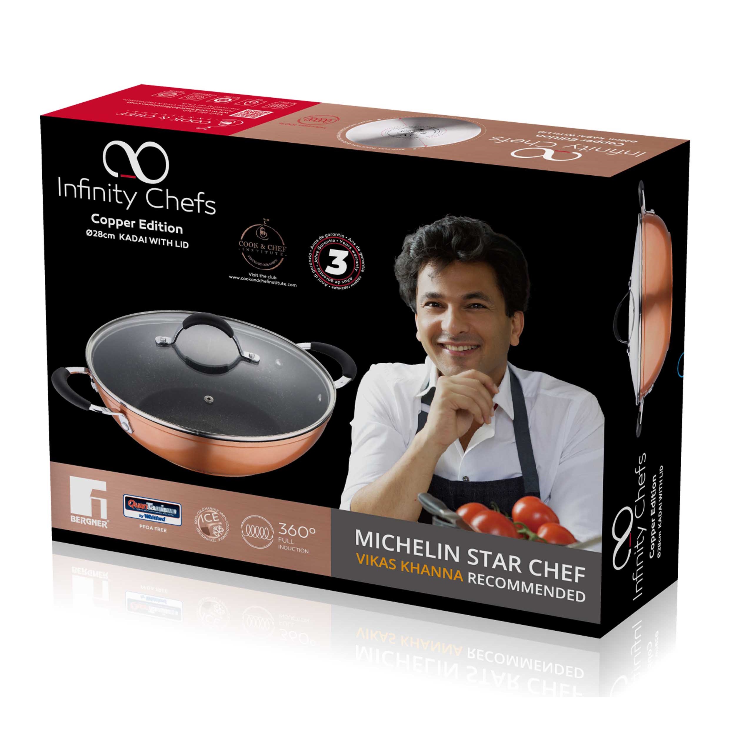 Bergner Non-Stick Kadhai with Glass Lid, Copper - 3.3 Ltr