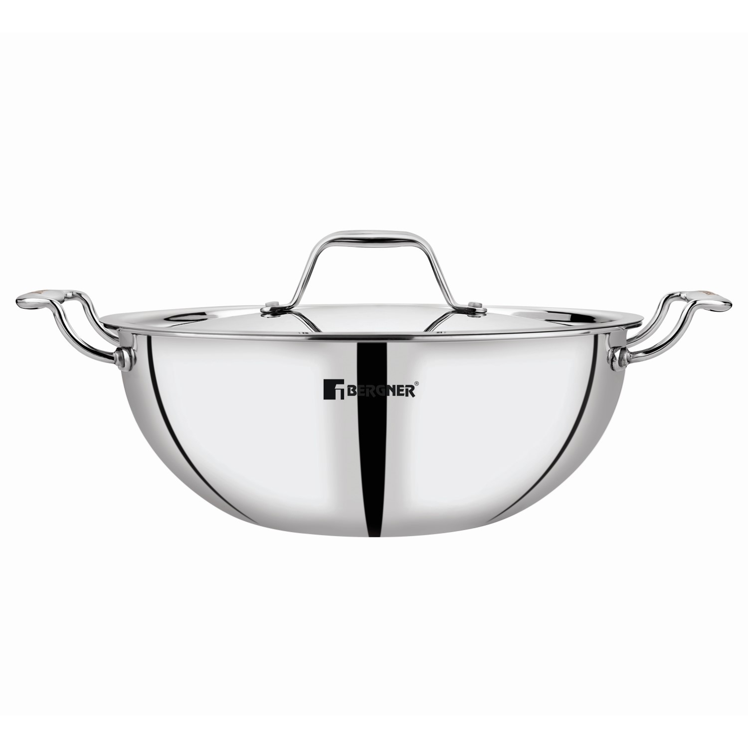 Bergner Argent 20 cm Silver Triply Stainless Steel Deep Kadhai with Stainless Steel Lid