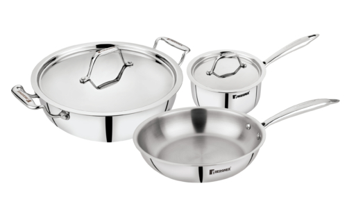 Bergner Argent Triply Stainless Steel 4Pc Cookware Set, Saucepan, Kadai with Lid, Frypan