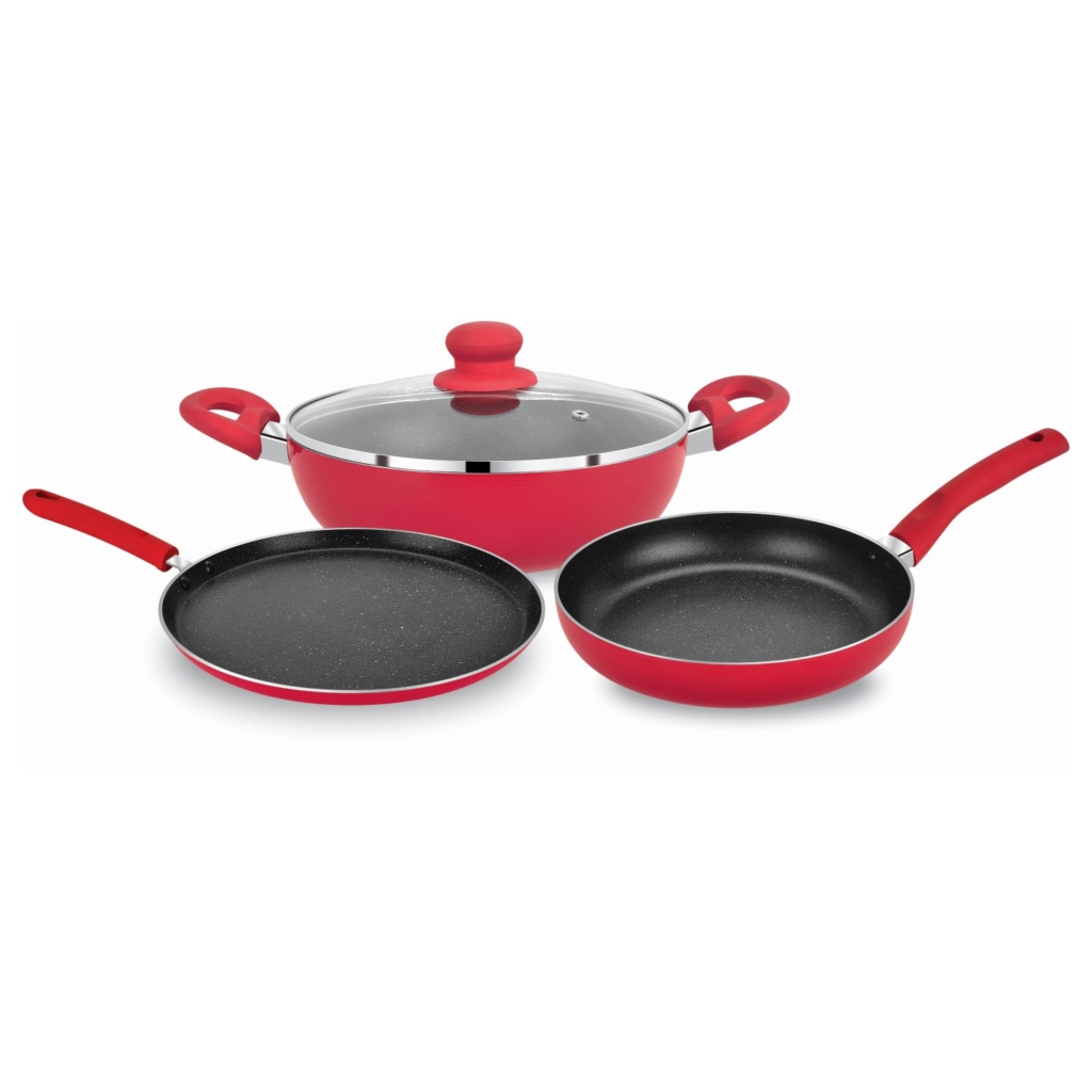 Bergner Non-Stick 4pcs Cookware Set - Kadhai, Tawa 28 cm, Frypan 24 cm, Red