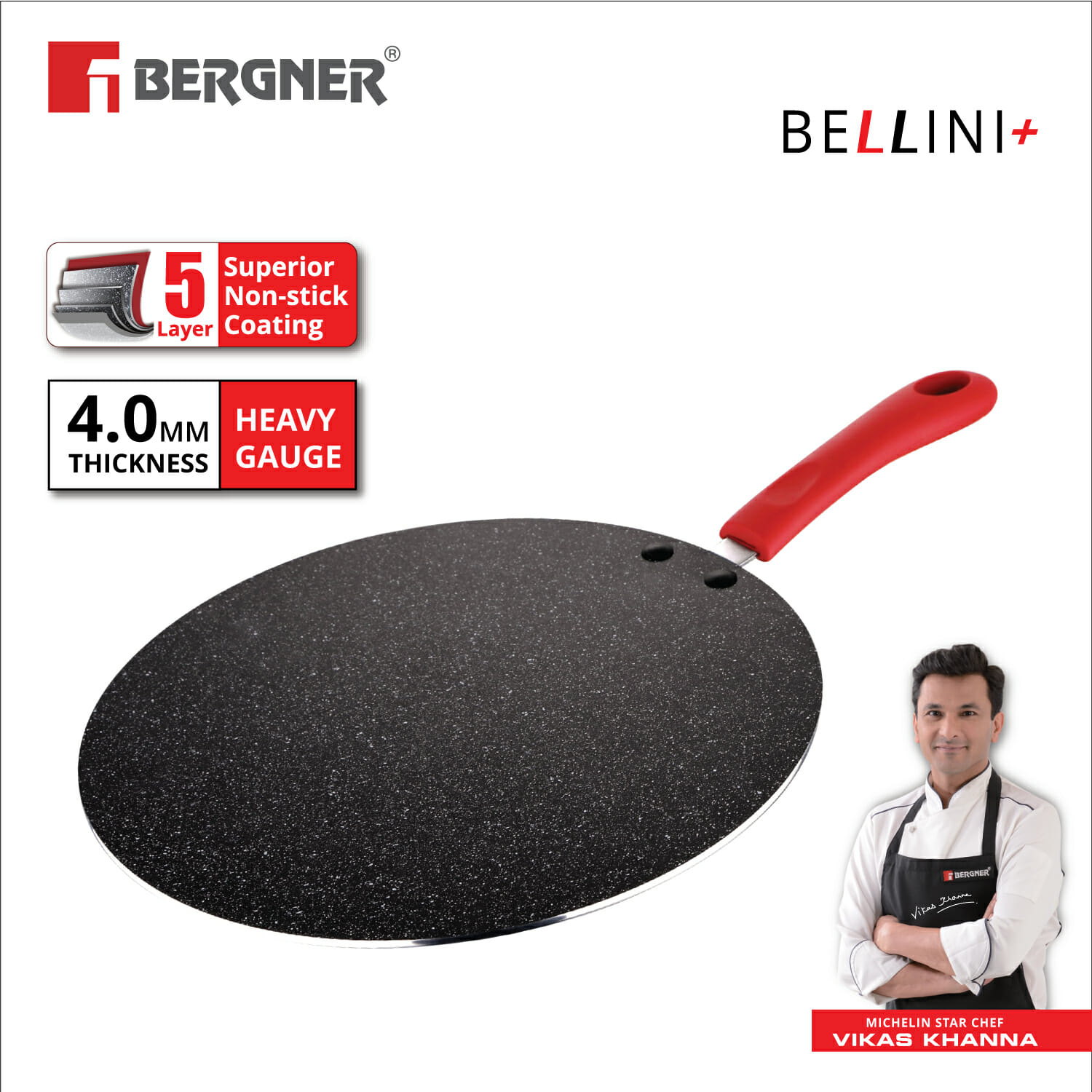 Bergner Bellini Plus Non-Stick Red, 32cm Flat Tawa