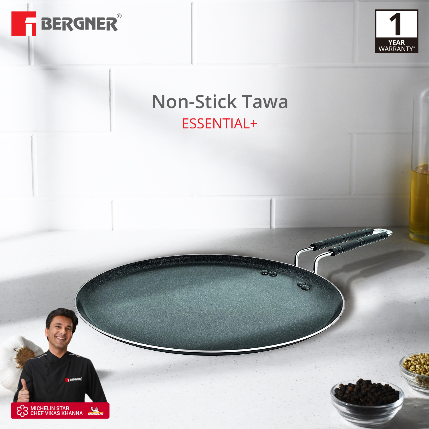 Bergner Essential Plus Non-stick Tawa, Black - 31cm