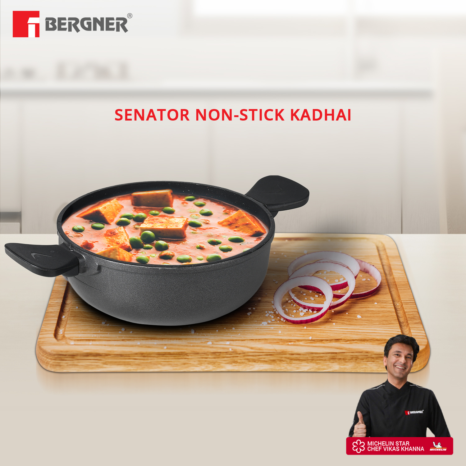 Bergner Senator 24cm Black colour Non Stick Kadhai With Glass Lid