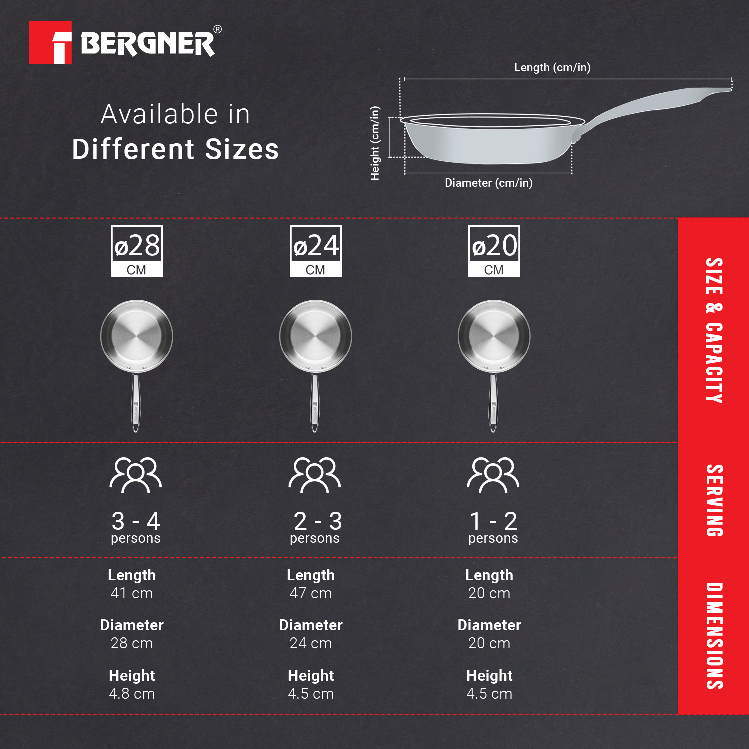 Bergner Argent 5CX 5 Ply Stainless Steel Silver Frypan in 24 cm size