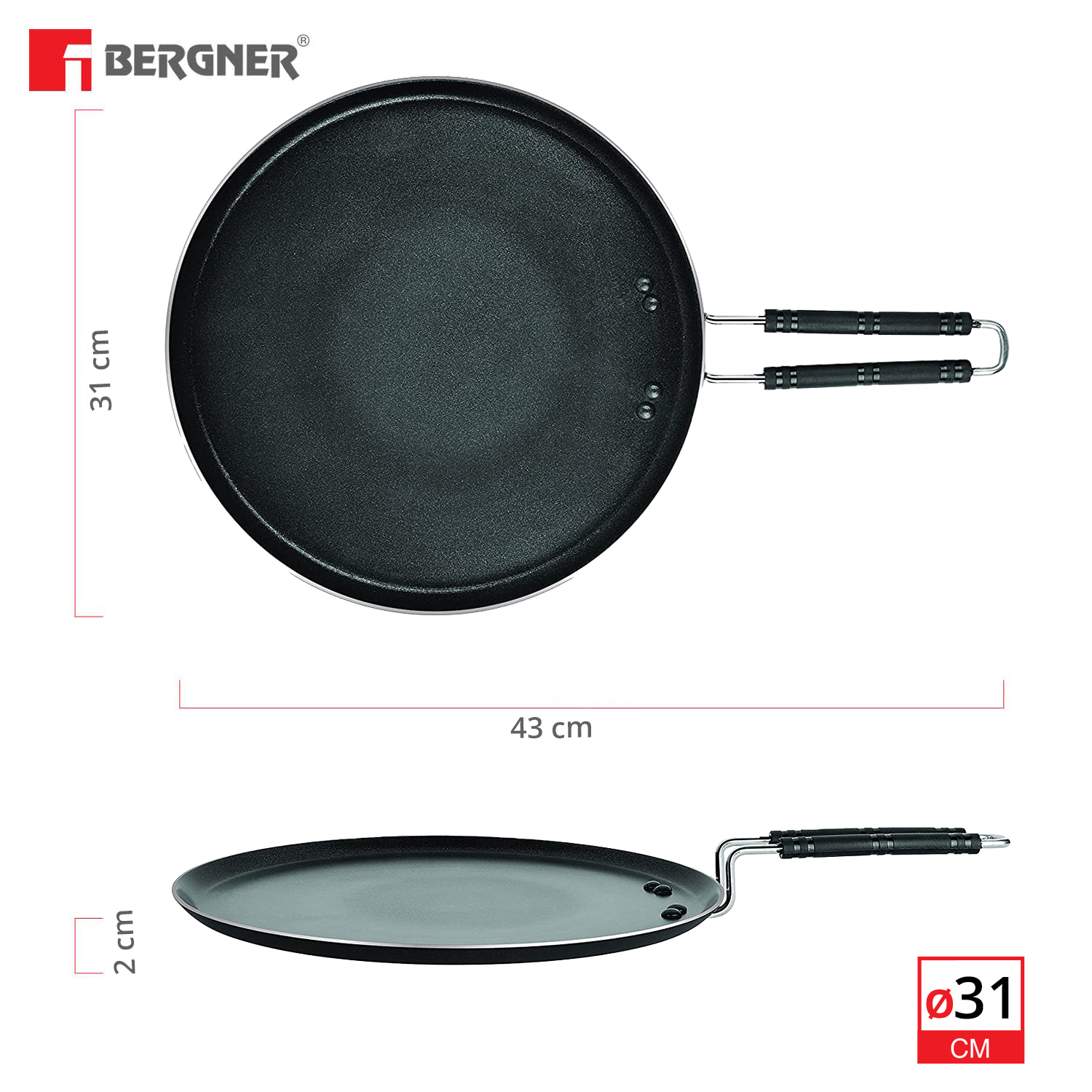 Bergner Essential Plus Non-stick Tawa, Black - 31cm