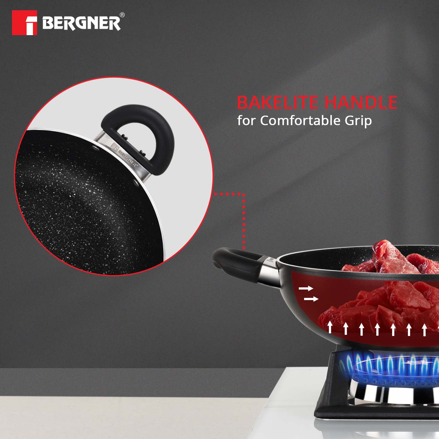 Bergner Essential Plus Non-stick Black - 26cm Kadhai with Glass Lid