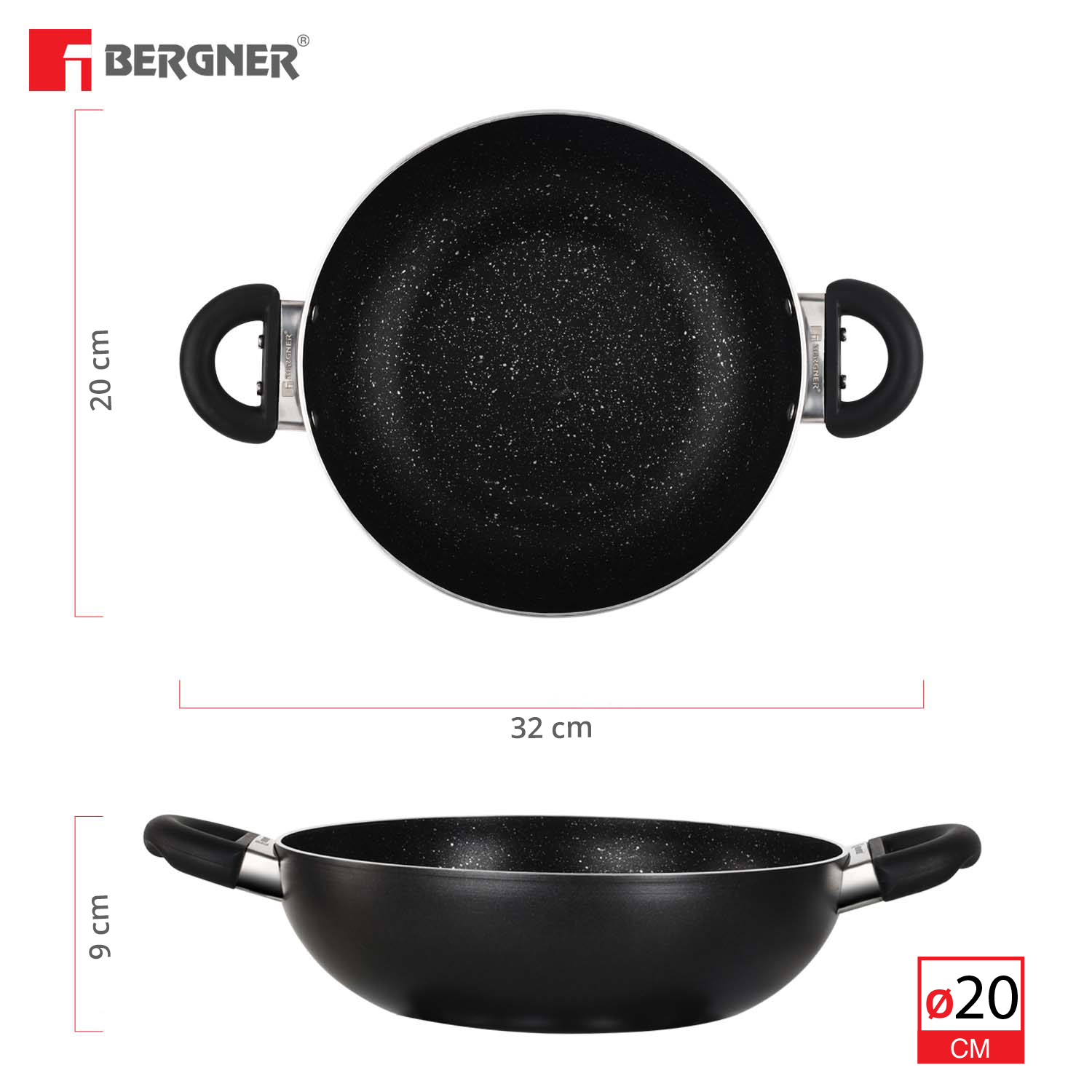 Bergner Essential 20cm Black Non-stick Kadhai with Glass Lid