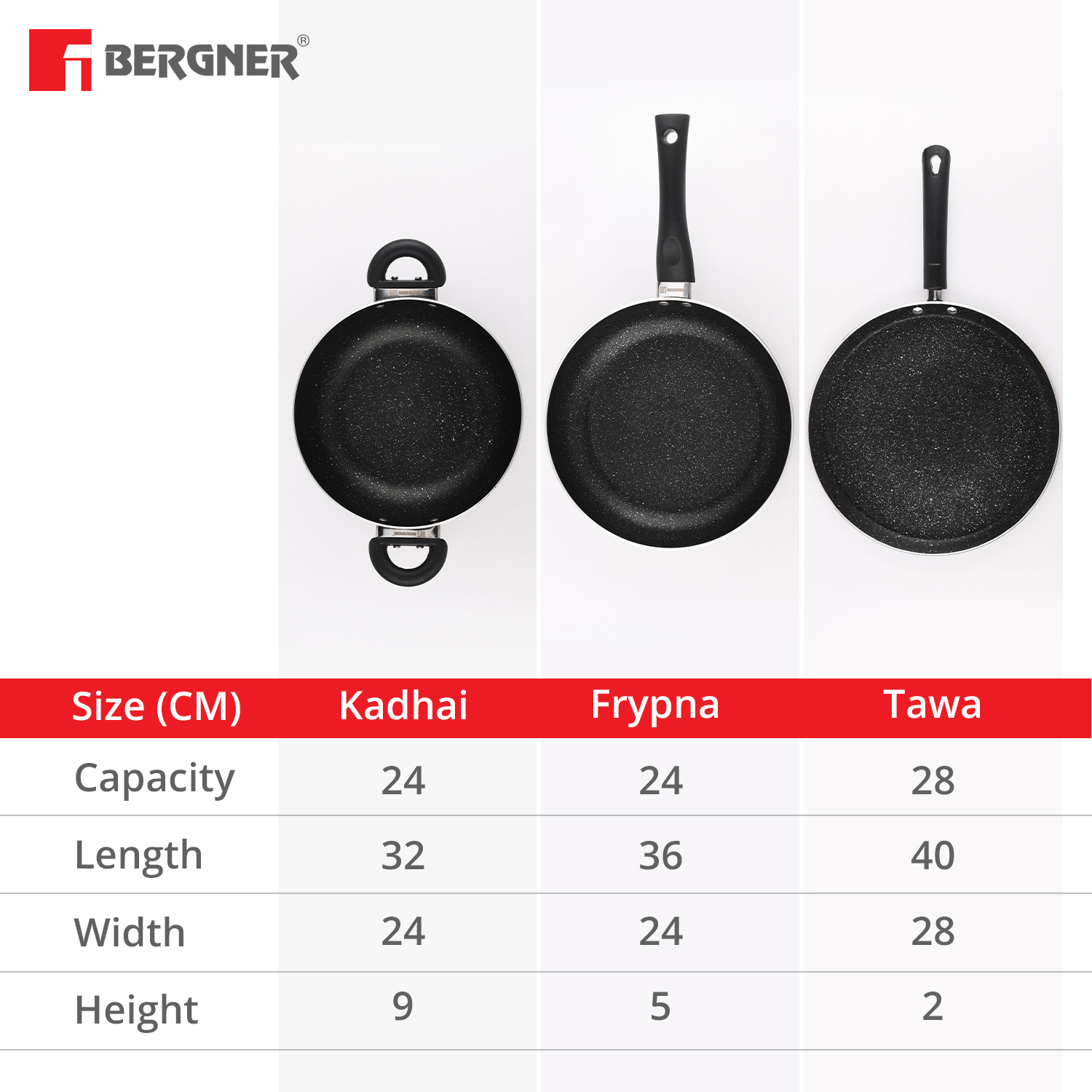 Bergner 4 Pcs Black Cookware Set Kadhai with Glass Lid, Frypan, Tawa