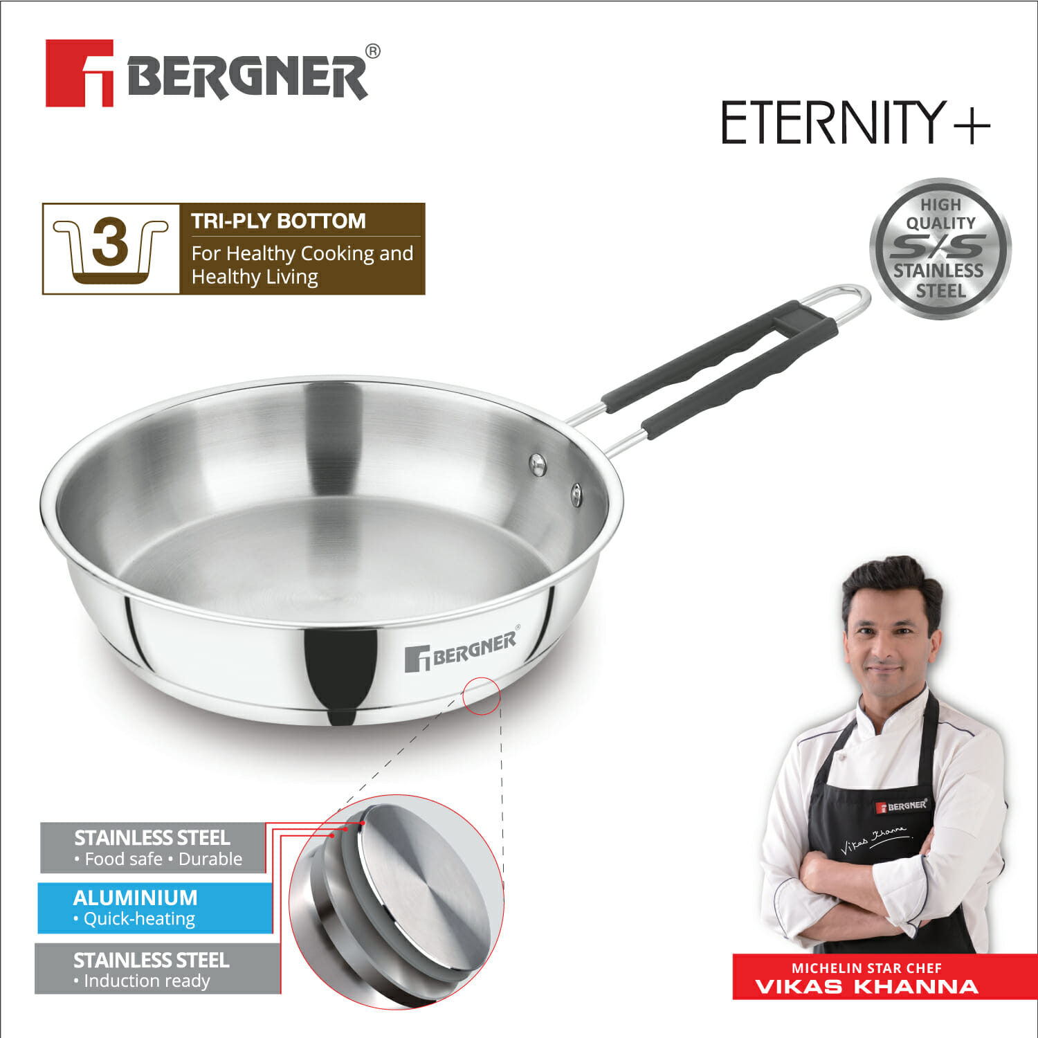 Bergner Eternity Stainless Steel Silver 24cm, 1.45 Ltr Frypan