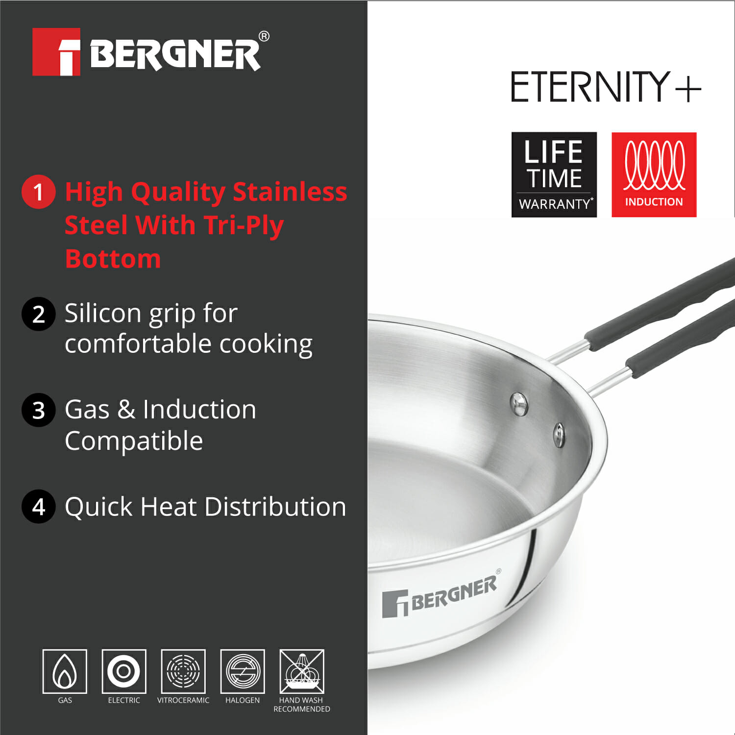 Bergner Eternity Stainless Steel Silver 24cm, 1.45 Ltr Frypan