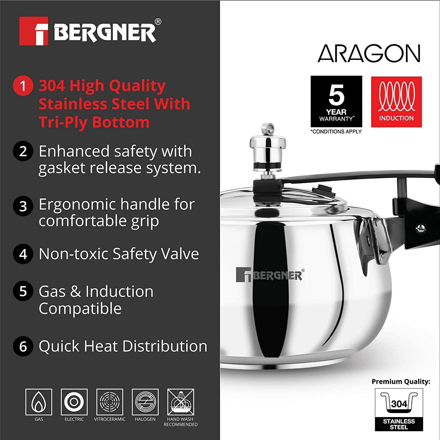 Bergner Aragon Stainless Steel Pressure Cooker, Silver - 5 Ltr