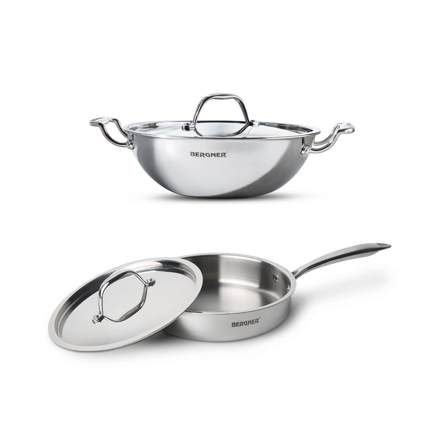 Bergner Triply Stainless Steel Cookware Combo - 22cm Kadai & 22cm Saute Pan