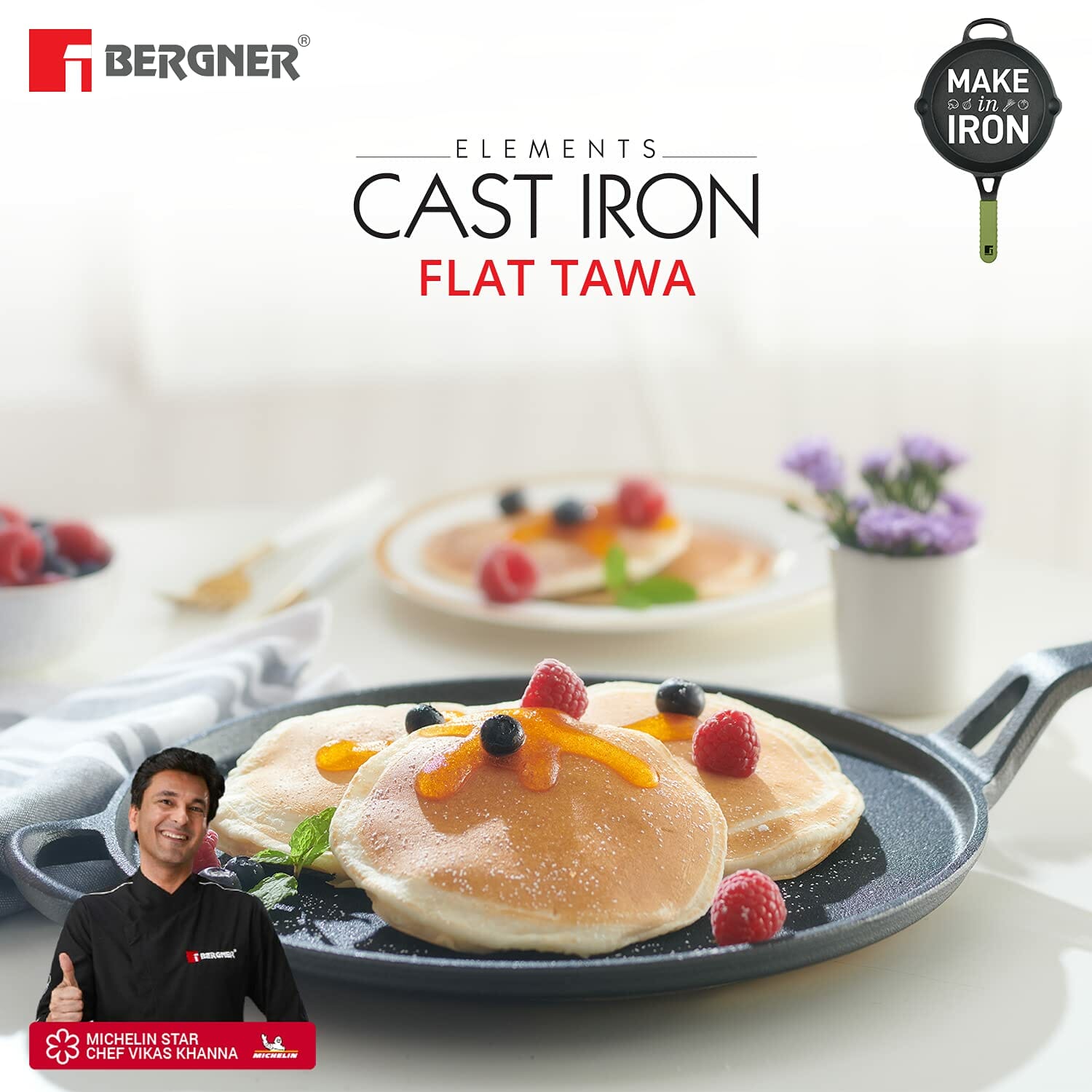 Bergner Cast Iron 2 Pcs Cookware Set - Tawa & Frypan, Green/Black