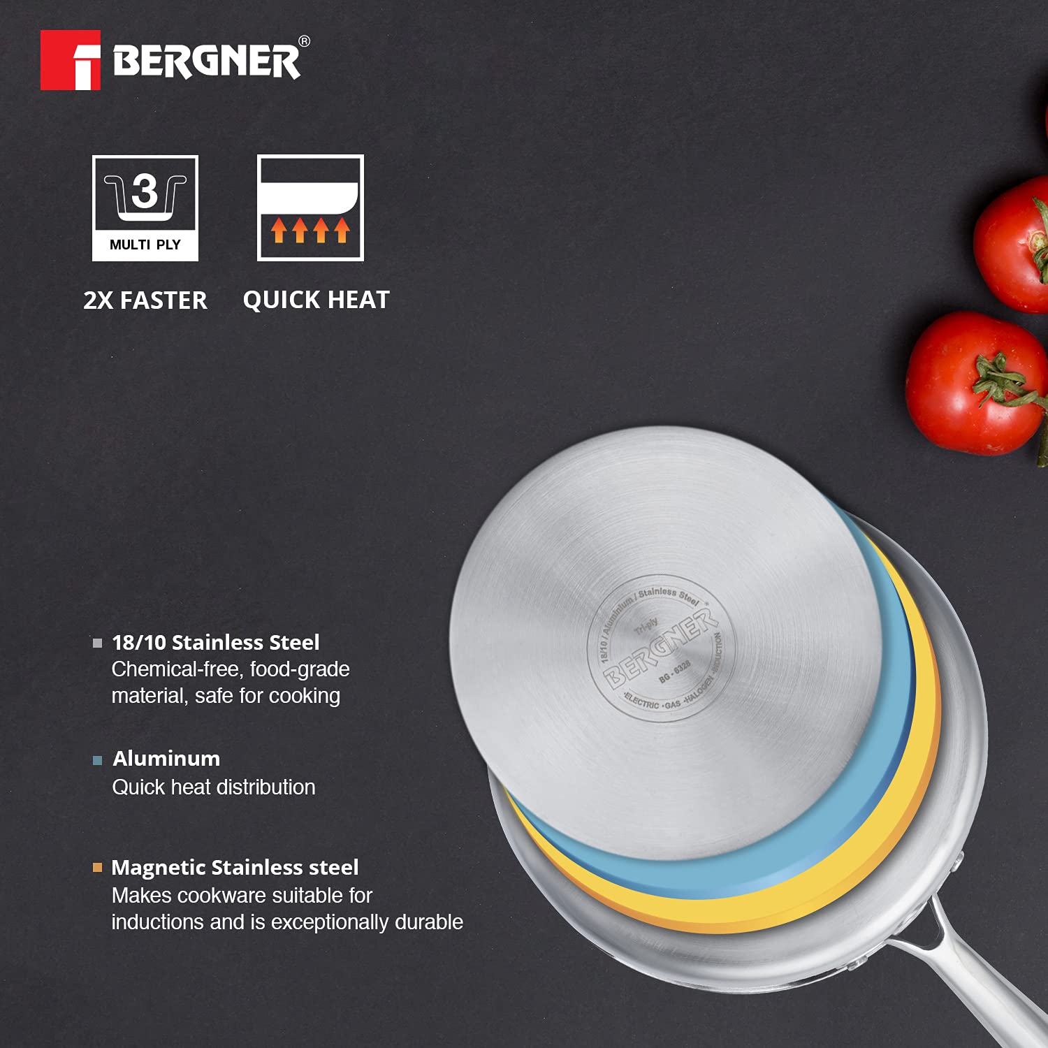 Bergner Stainless Steel Fry Pan and Wok with Lid, Silver - 20 cm