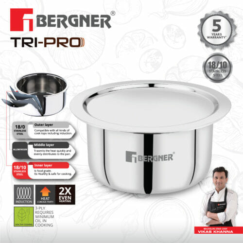 Bergner Tripro 2.1 Ltr 18/10 Triply Stainless Steel Tope with Stainless Steel Lid