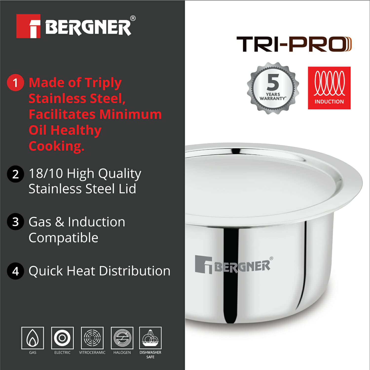 Bergner Triply Stainless Steel Tope with Stainless Steel Lid, Silver