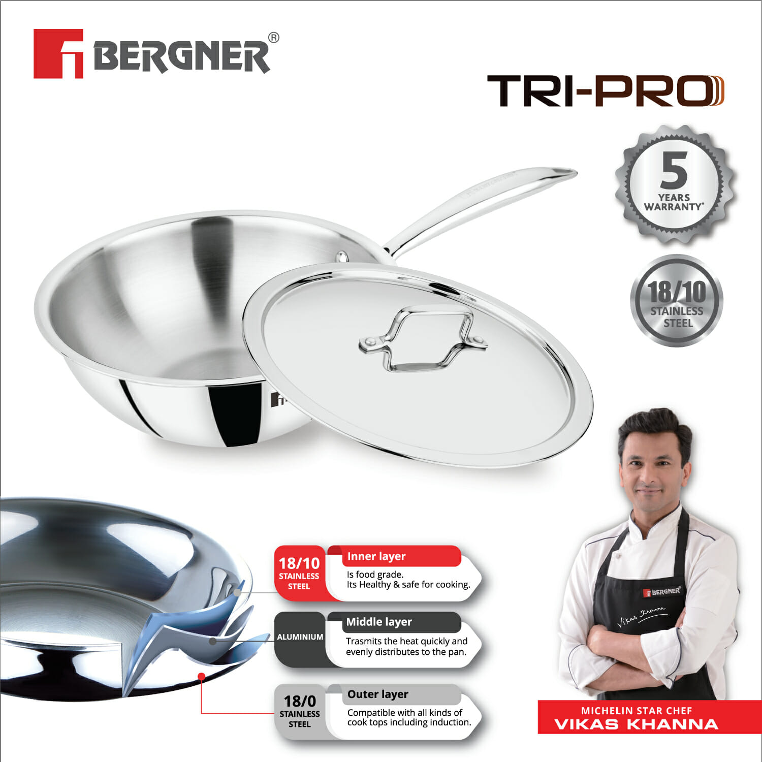Bergner Tripro Triply Stainless Steel Induction Base Wok with 24 cm size and 2.5 Litre capacity