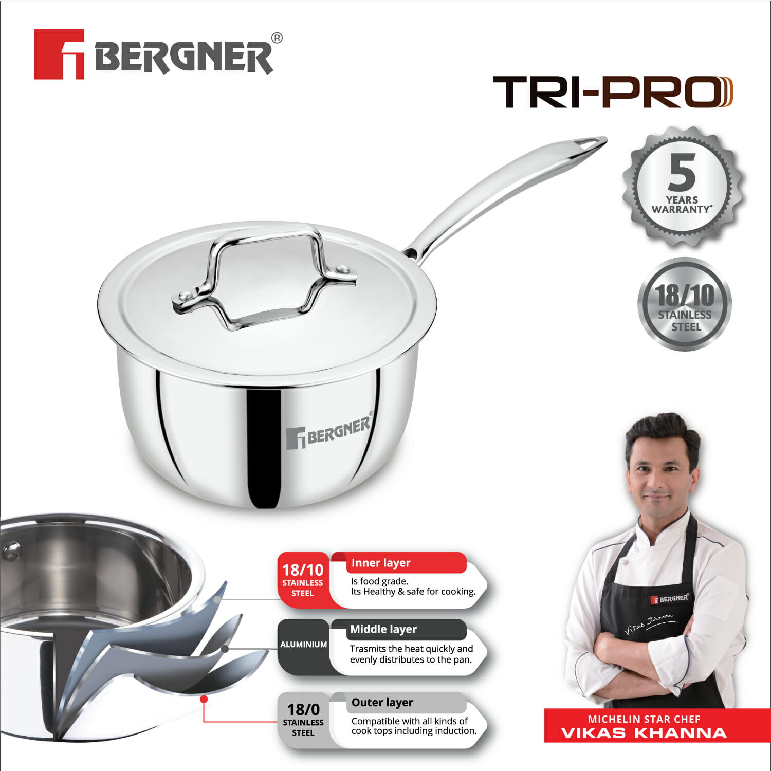 Bergner Tripro Triply Stainless Steel Silver - 18 cm, 2.45 Ltr, Saucepan