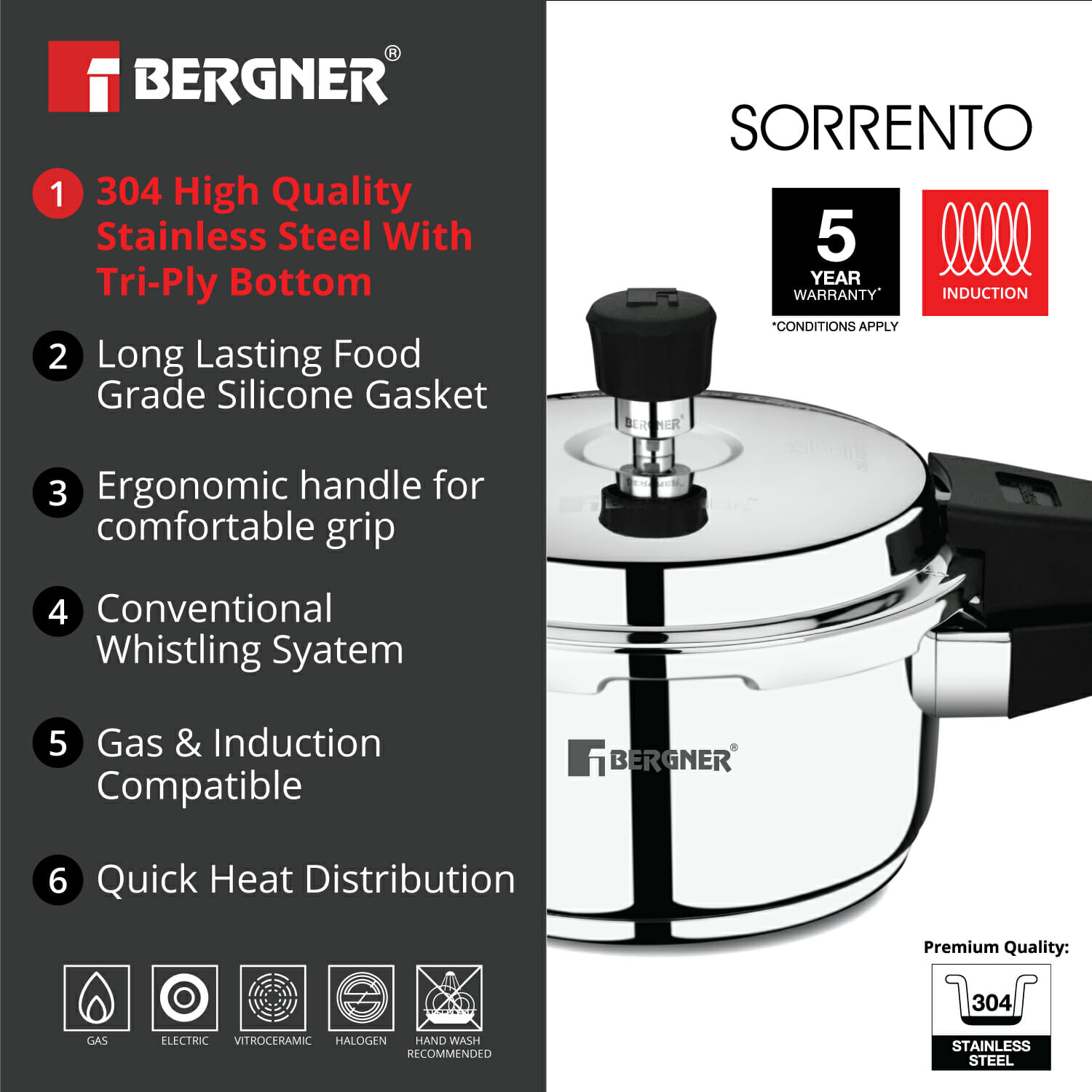 Bergner Sorrento 2 Liters Stainless Steel Pressure Cooker with Outer Lid and Triply Bottom
