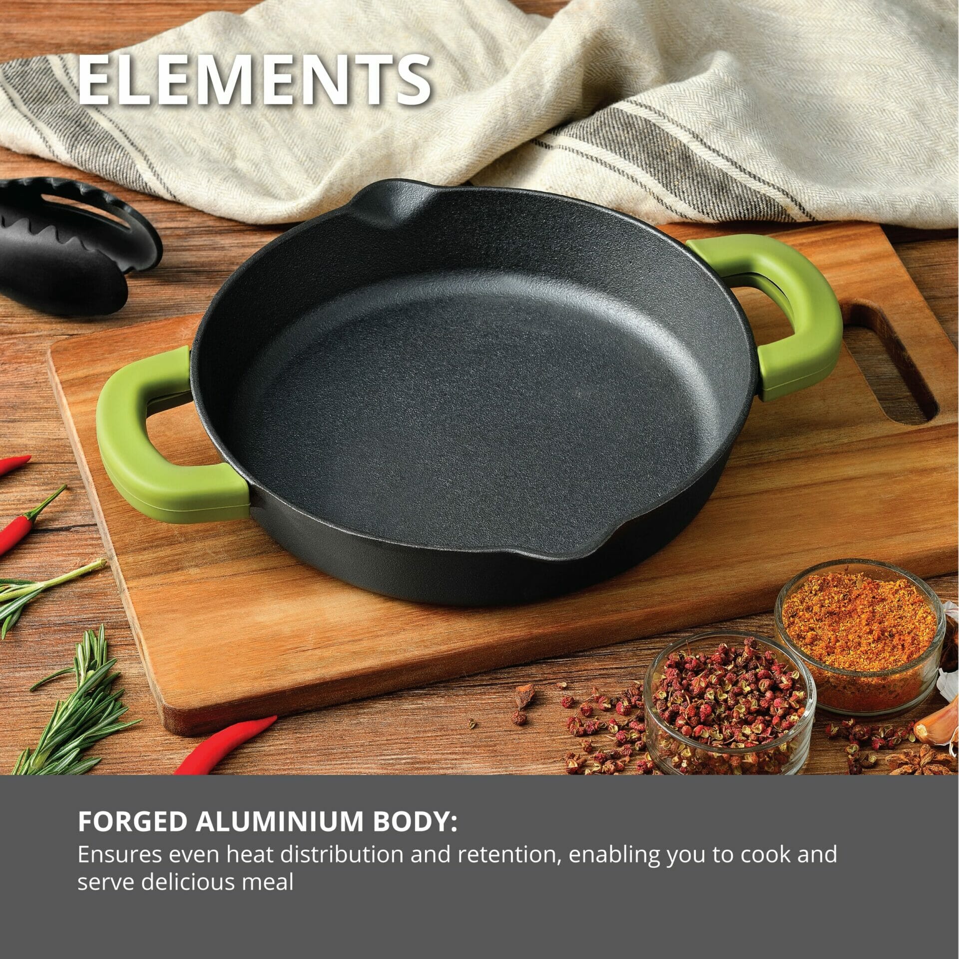 Bergner Elements Pre-Seasoned Olive Gree, 24cm Cast Iron Baking Pan